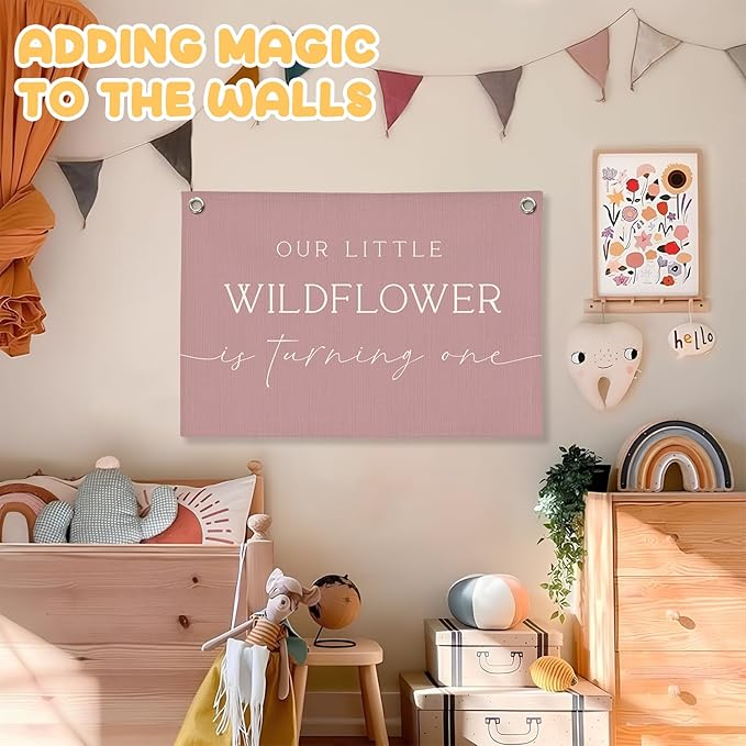 Girl Nursery Decor, Wildflower Nursery Wall Hanging Canvas Banner, Our Little Wildflower Is Turning One Pink Wall Art Decor for Little Girls Toddler Room Bedroom Playroom, 30x20 Inch