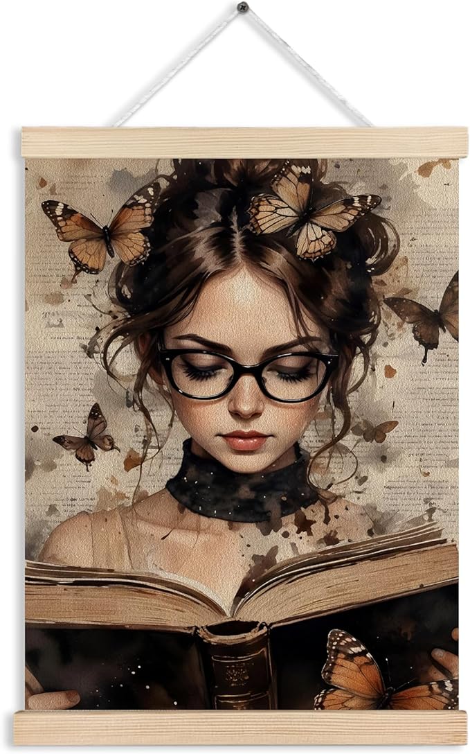 Vintage Butterfly Woman Book Canvas Wall Art Poster, Reading Nook Corner Decor, Dark Academia Feminine Wall Decor Prints for Library Reading Room Classroom Home, 12x16 Inches