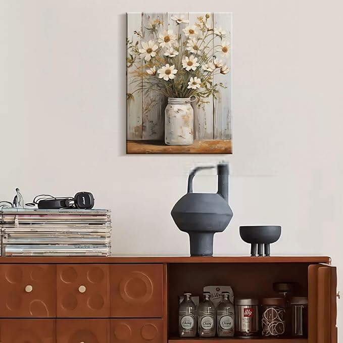 Framed Daisy Jar Vintage Flowers Wall Art Decor Canvas Print Country Poster Gallery Picture Country Plants Farmhouse Art Painting Kitchen Bathroom Living Room Decor 16x24 Inch Ready to Hang
