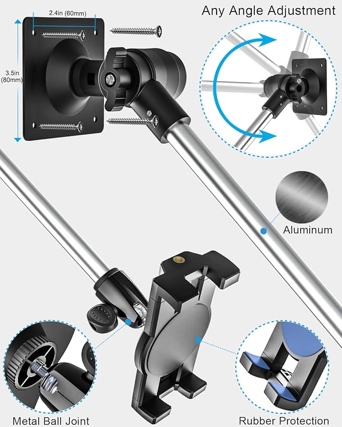 woleyi Aluminum Tablet Wall Mount Holder - 35 Inch Foldable Arm Tablet Stand for Wall, 360° Adjustable Webcam Camera Clip, for iPad Pro Air Mini, Galaxy Tabs, Z Fold, Fire HD, iPhone, 4.7-13" Devices