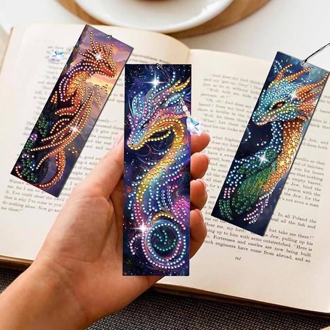 5D DIY Diamond Art Bookmarks Kit Dragon 6 PCS Acrylic Diamond Painting Bookmarks Kits with Tassels Double Side, Rhinestone Crafts Decoration Gift Set for Book Lovers Beginners & Adults (Partial Drill)