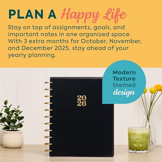 Happy Planner Disc-Bound Planner Jan.–Dec. 2026, Includes 3 Extra Months and 2 Sticker Sheets, Big Size, 8.5" x 11", Horizontal Layout, Modern Texture