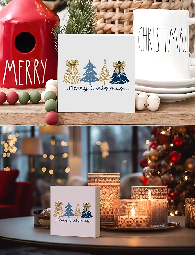 Coquette Navy Blue and Gold Christmas Tree Wooden Box Sign, Christmas Desk Decor, Preppy Girly Xmas Tree Winter Wood Signs for Home Office Desk Shelf Tabletop Decor, 5x5 Inch Decorative Signage