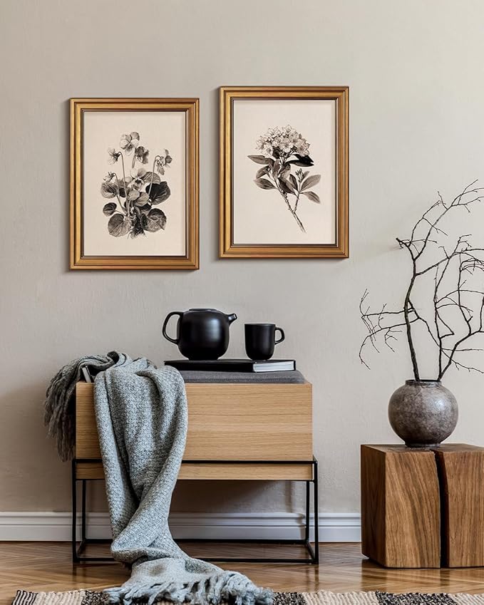 Bzstyleart Vintage Wall Art Decor,Canvas Framed Flower Wall Art,Sketch Painting Picture,Mountain Laurel Vintage Home Decor Aesthetic for Living Room,Bathroom Pictures,12L x 16W