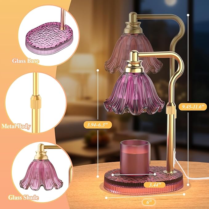 Candle Warmer Lamp with Adjustable Height - Flameless 4-Level Dimmable Wax Warmer, Timer Function & Stylish Design in Multiple Colors(Purple)