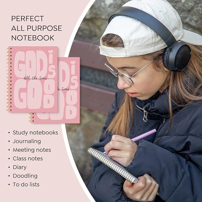 VONTP Pink Christian Spiral Notebook, God Is Good Bible Verse Inspirational Journal for Women, Christian Gifts for Women, Preppy Religious Scripture College Ruled Notebook Journal for Writing, 5.5x8.3