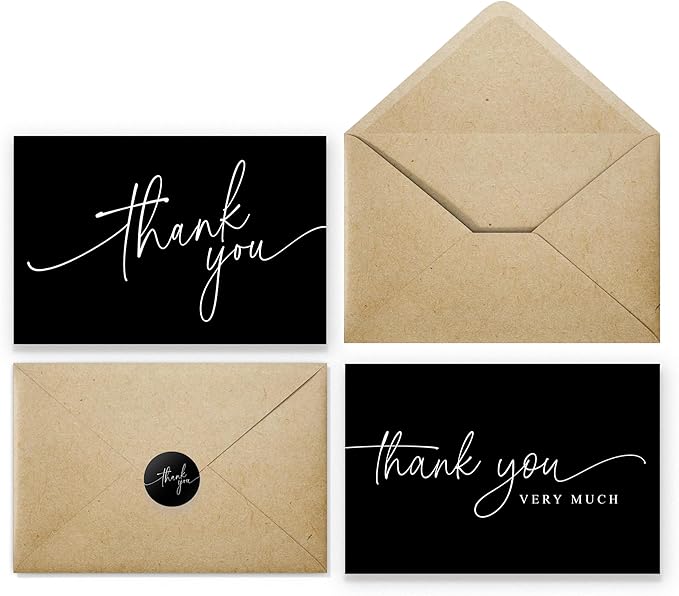 100 Thank You Cards with Envelopes - Bulk Pack Black Thank You Cards 4x6 Inch Minimalistic Design - Suitable for Business, Baby Shower, Wedding, Small Business, Graduation, Bridal Shower, Funeral