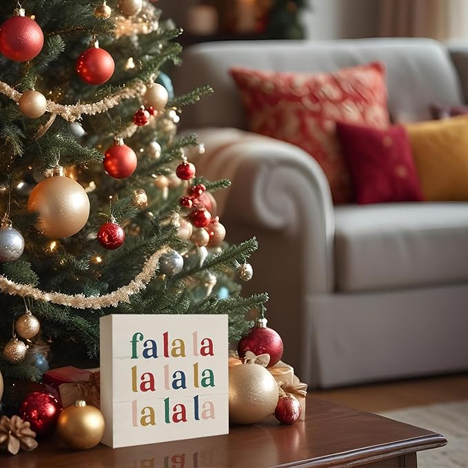 Merry Christmas Sign, Christmas Decoration Wooden Box Sign, Fa La La La Holiday Winter Decor for Table Home Bedroom Shelf Office Desk,Xmas Decorations 5x5