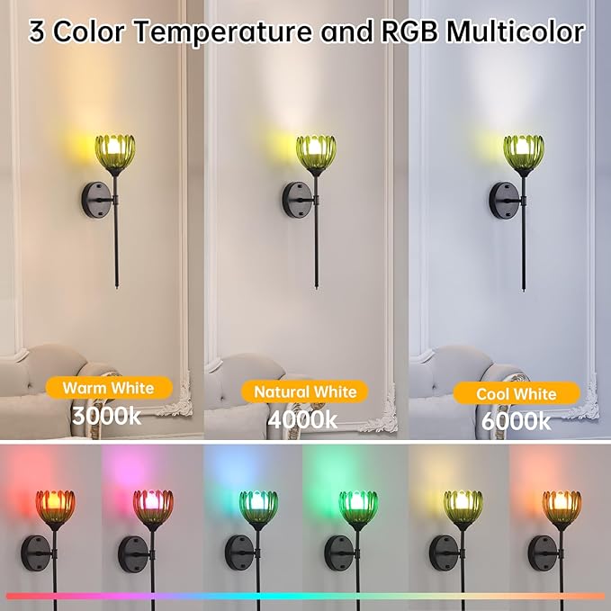Battery Operated Wall Sconce Set of 2, Green Tulip Vintage Wall Light Fixture Rechargeable 5000mAh Battery Powered Wall Lamp with Remote for Living Room Bathroom, Black