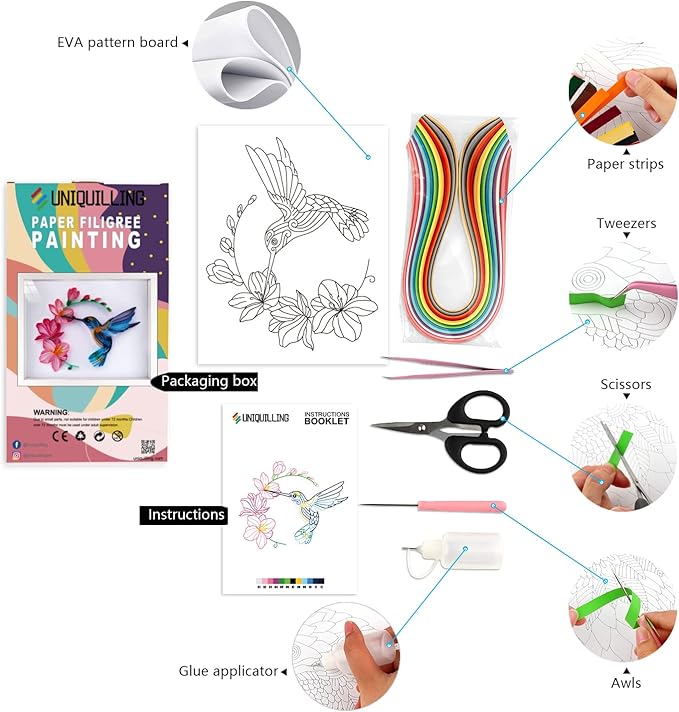 Uniquilling Quilling Kit, Paper Quilling Kits, 8 * 10-in Flower& Hummingbird Paper Filigree Kits with Quilling Tools& Using Manual, DIY Quilling Artwork Modern Wall Art for Living Room