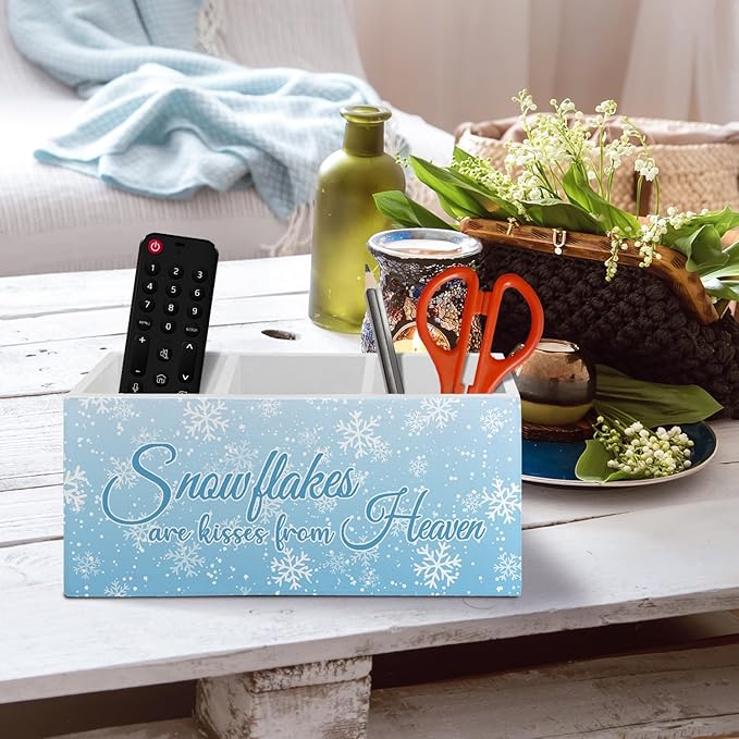 Blue Winter Christmas Pen Pencil Holder Organizer for Desk Accessories, Winter Snowflakes Wooden Box Sign Desk Decor for Home Office Decoration, Blue Christmas Decor