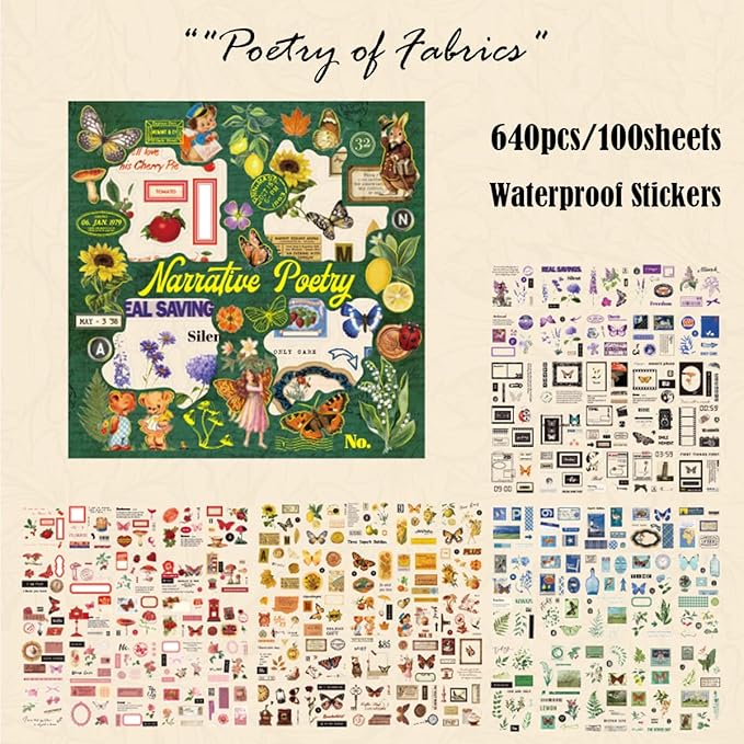 SIBLYMONA Vintage Fairy Stickers 640Pcs Transparent Stickers, Floral Butterfly Designs for Scrapbooking Journaling, Junk Journal Supplies, Cottagecore Rub On Transfers Crafts (Poetry of Fabrics)