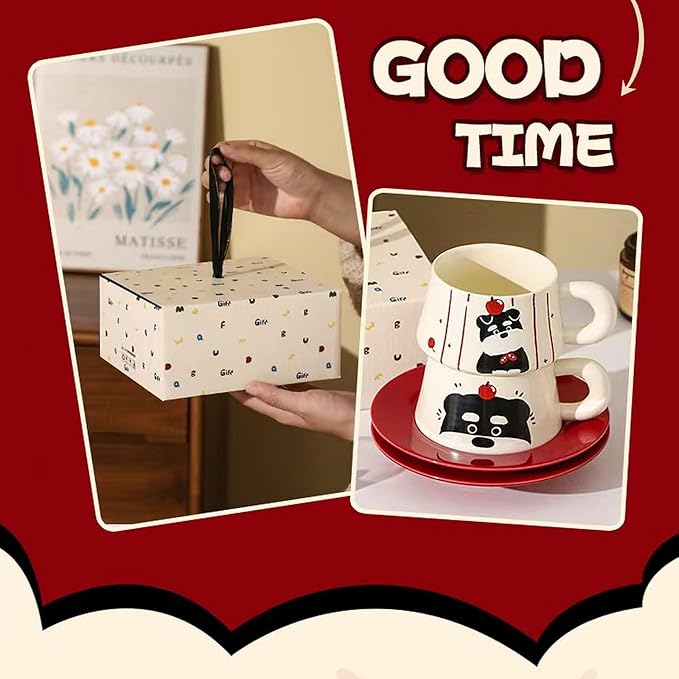 Cute Dog Couple Cup with Thick Grip, Ceramic Coffee Mug with Spoon, Gifts Suitable for Birthdays, Christmas, Halloween and Family Gatherings (No Streaks)
