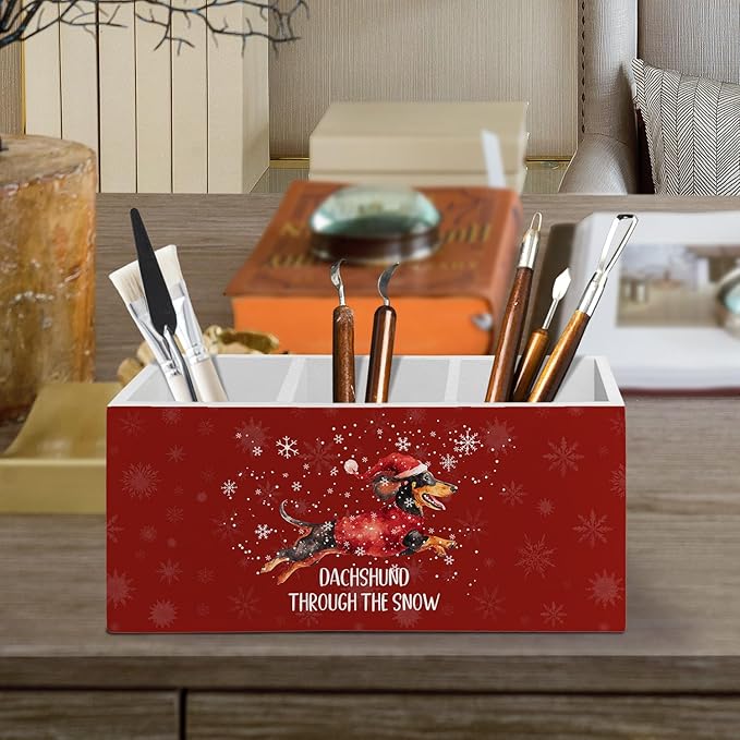 Dachshund Christmas Pen Pencil Holder Organizer for Desk Accessories, Weiner Dog Christmas Wooden Box Sign Desk Decor for Home Office Decoration, Dachshund Gifts for Women Men, Doxie Gifts