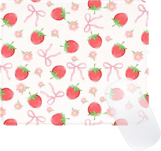Cute Pink Mouse Pad,Waterproof Aesthetics Bowsknot Mouse Pads Design, Non-Slip Rubber Base Computer Simple Funny Mousepad,Small Mouse Mat Desk Accessories Office Supplies,Red Strawberry Bow