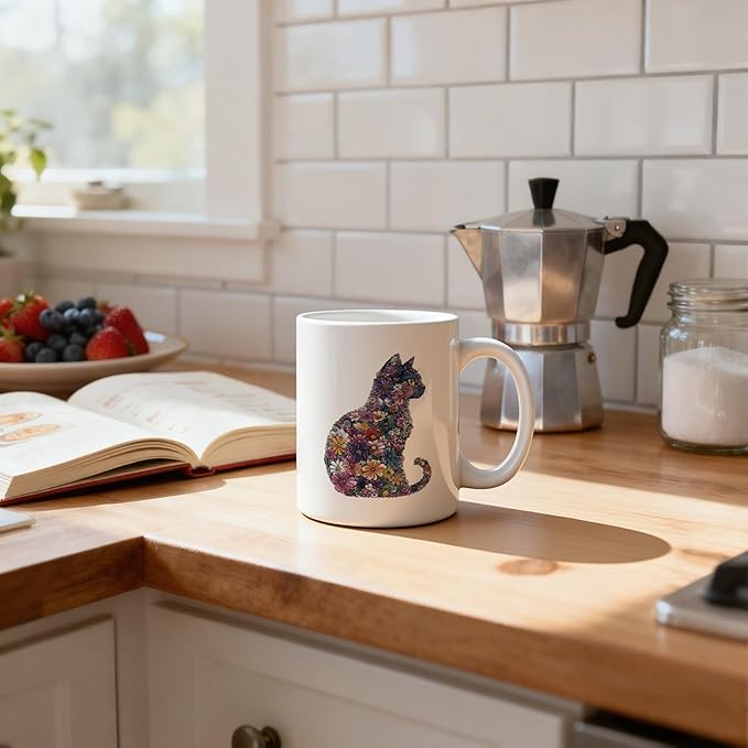 Wildflower Cat Mug 11 oz, Cat Lover Gifts for Women, Cats Mom Lady Gifts Coffee Cups Ceramic, Aesthetic Kitten Ceramic Mug for Coffee Tea Hot Cocoa Home Office Work