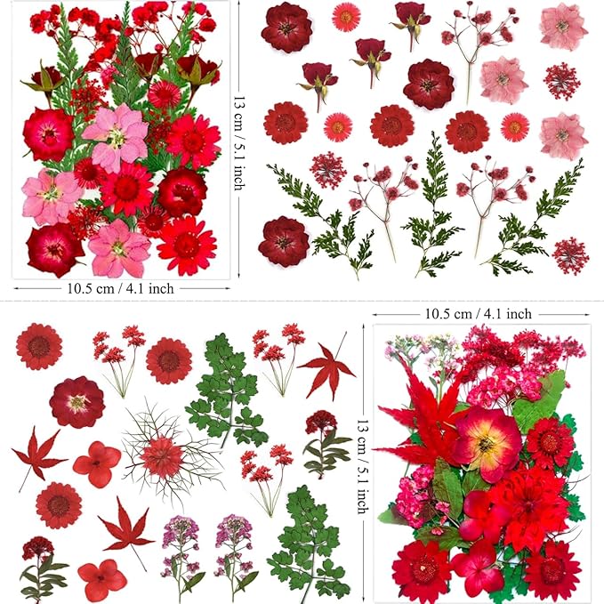88Pcs Red Dried Pressed Flowers for Resin Molds, Assorted Real Natural Bulk Dry Floral Leaves for DIY Art Crafts, Epoxy Jewelry, Candle, Soap Making, Nails Decors