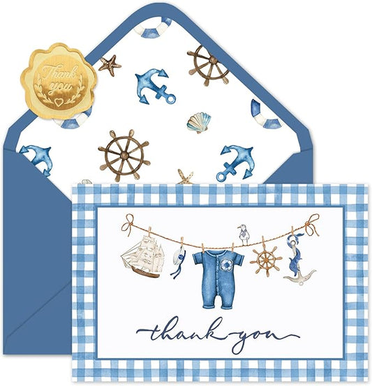 Whaline 24 Pack Baby Shower Thank You Cards Plaid Nautical Greeting Cards with Envelopes Stickers Anchor Navy Blue Blank Note Card for Party Supplies, 4 x 6 Inch