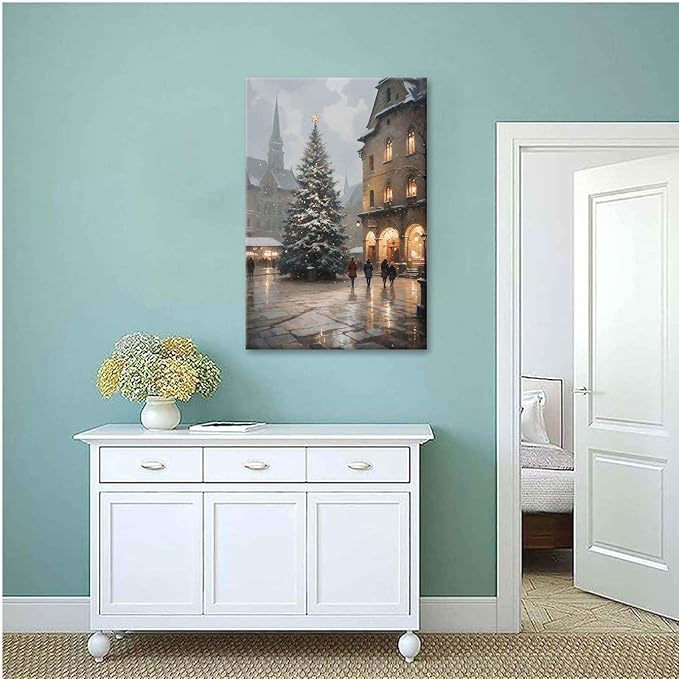 Canvas Wall Art Vintage Christmas Tree Print Moody Winter Wall Art Farmhouse Christmas Decor 16x24in-UnFramed