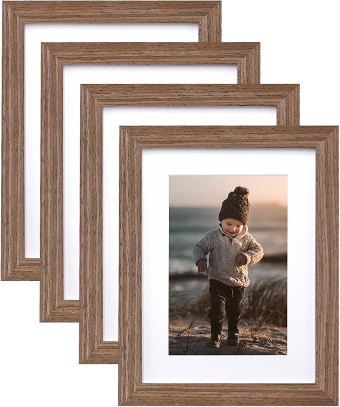 KINLINK 8x10 Picture Frame Brown Wood, Solid Wood Frames with Acrylic Plexiglass for Pictures 4x6/5x7 with Mat or 8x10 without Mat, Tabletop and Wall Display Photo Frame, Set of 4