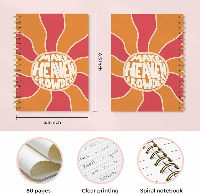 VONTP Boho Christian Spiral Notebook, Retro Groovy Bible Prayer Journal, Christian Gifts for Women, Make Heaven Crowded Religious Bible Scripture College Ruled Notebook Journal for Writing, 5.5x8.3