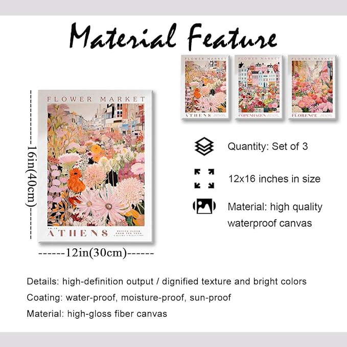 XLARTMY Flower Market Wall Art Print Canvas Framed Pink Floral Paintings Colorful Botanical Sunflower Artwork Travel Poster for Decor Picture 3 pieces for Living Room Bedroom Bathroom 12x16in