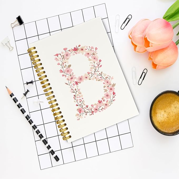 Pink Cute Spiral Notebook Journal, Preppy Floral Initial Letter B Personalized Journaling Notebooks, Monogrammed Gifts for Women Girls, Botanical Hardcover Spiral Lined Notebook 5.5 x 8.3