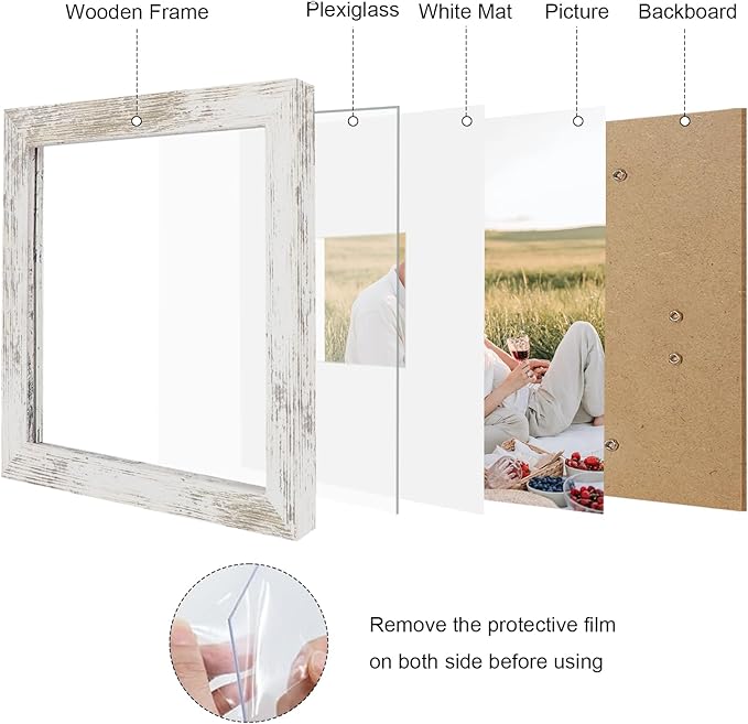 8x8 Picture Frame Set of 9, Photo Gallery Wall Frame Set, Display Pictures 4x4 with Mat or 8 x 8 Without Mat, Square Frame Picture Frames Collage Wall decor, Distressed White