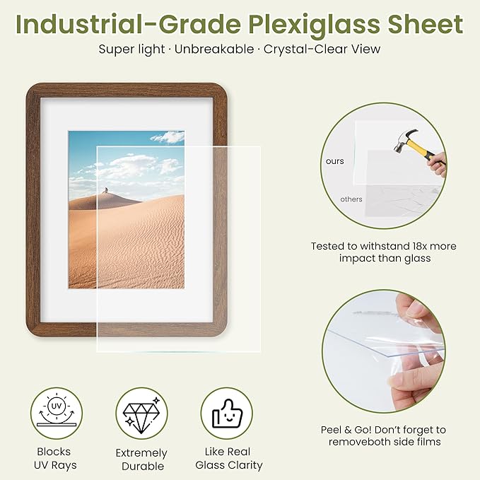 Dreamland 8.5x11 Picture Frame Set of 3, Solid Oak Wood Photo Frame with Mat for 6x8, Round Corner 8.5 x 11 Matted Picture Frames with Resistant Plexiglass for Wall Mounting or Tabletop, Walnut Color