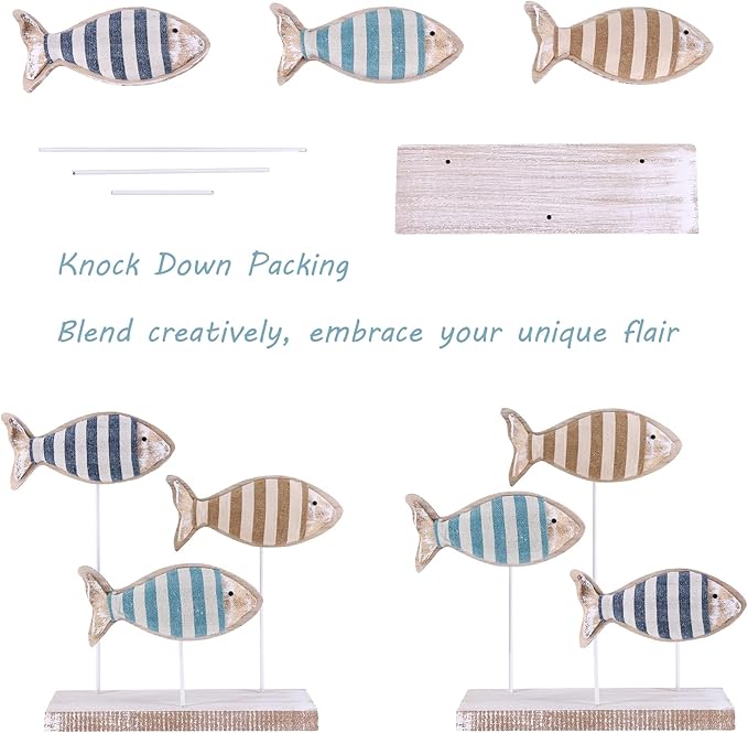 NAUTIMALL Wooden Fish Figurines with Jute Rope and Cotton String, Fish Sculpture Statues for Home Decoration, Table Top Nautical Decor for Living Room, Bedroom, Beachhouse Home Decor (StripedFish-3)