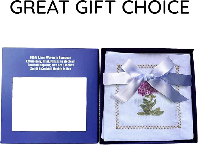 Cocktail Napkins Set of 6, 6x6 inch, 100% Linen, Printed Floral Design, Reusable & Washable Napkin Coasters for Beverages, Parties, Weddings & Everyday Use (Dandelion)