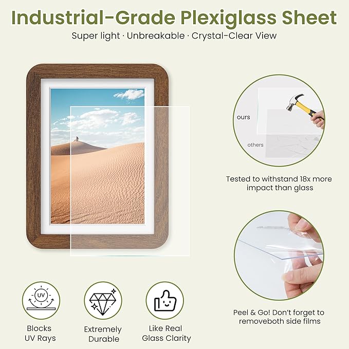 Dreamland 6x8 Picture Frame, Solid Oak Wood Photo Frame with Mat for 5x7, Round Corner 6 x 8 Matted Picture Frames with Resistant Plexiglass for Wall Mounting or Tabletop, Walnut Color, Set of 1