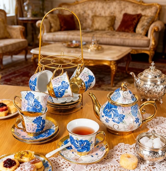 CHANJOON Gold Plated Red Rose Ceramic Tea Set, Vintage Tea Sets with Teapot, Beautiful Tea Set Coffee Serving 6 People (Blue Rose, large)
