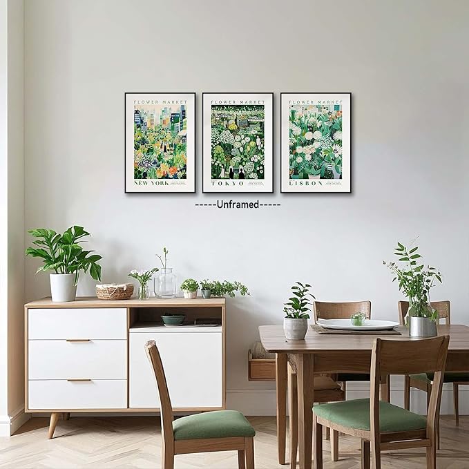 XLARTMY Flower Market Wall Art Prints Canvas Green Yellow White Floral Paintings Colorful Botanical Travel Flower Posters for Home Decor Pictures Set of 3 for Living Room Bedroom 16x24in Unframed