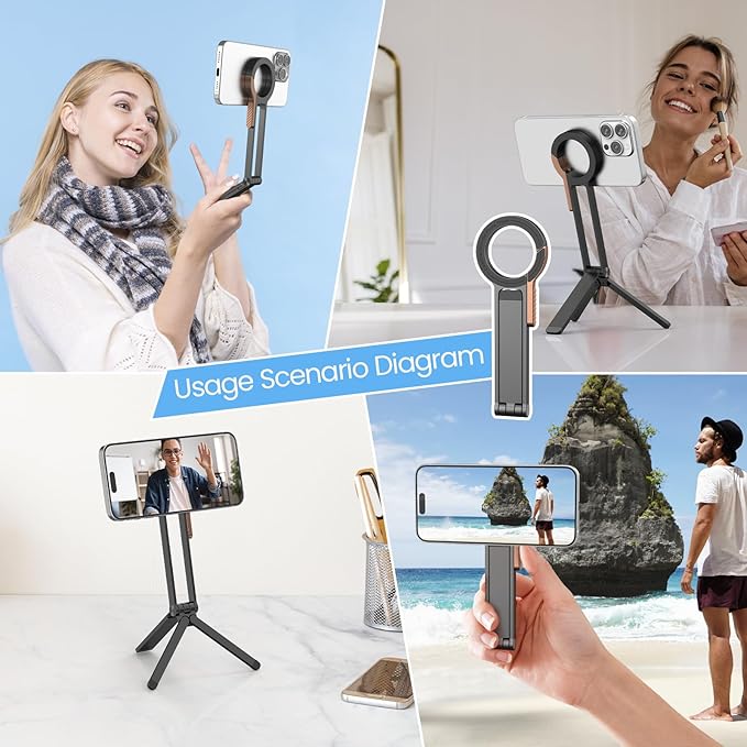 Magnetic Phone Tripod, Aluminum Alloy Mini Foldable Tripod for Cell Phone, Travel Essential Adjustable Phone Stand for Desk/Handheld, Compatible with iPhone 17/16/15/14/13/12 Series, Black