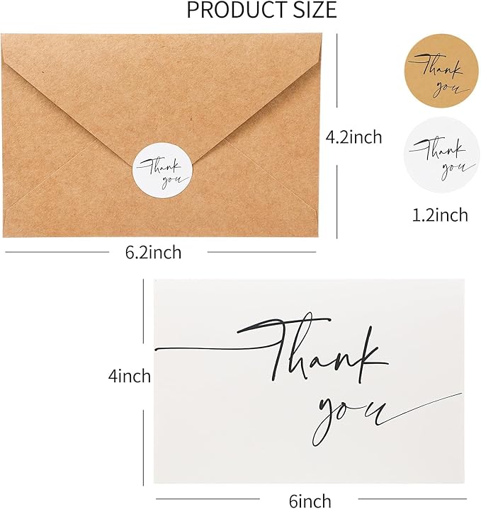 miikoul 100 Pieces Thank You Cards with Kraft Envelopes & Stickers 4x6 Inch Minimalistic Design Bulk Thank You Note for Graduation, Baby Shower, Wedding,Business, Doctor,Teachers