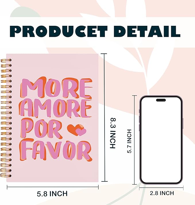Preppy Pink Notebook, Trendy Girly Notebooks for Note Taking, MORE AMORE POR FAVOR Inspirational Journal for Women, Aesthetic Journal Spiral Notebook 5.5x8.3 Inch