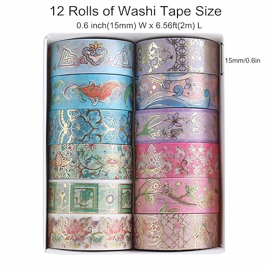 12 Rolls Floral Washi Tape Set, Gold Foil Flower Washi Tape, Botanical Washi Tape for Scrapbooking, Bullet Journal, Planner, DIY Crafts, Gift Wrapping