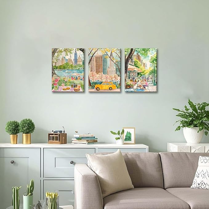 XLARTMY New York City Poster Travel Wall Art Canvas Framed Watercolor NYC Central Park Landmarks Artwork Decor Painting Prints Pictures Set of 3 for Bedroom Living Room Bathroom Office 12x16in
