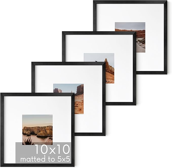 HAUS AND HUES 10x10 Black Metal Picture Frames Matted to 5x5 - Features Premium Aluminum & Hanging Hardware, Shatterproof Plexiglass - Ideal for Home, Room, Office (10x10 in, Black, Set of 4)
