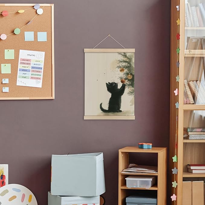 bitCNY Black Cat Kitten Christmas Wall Art – 12x16 Inch Cat and Tree Ornament Canvas, Holiday Pet Poster for Winter Home Décor