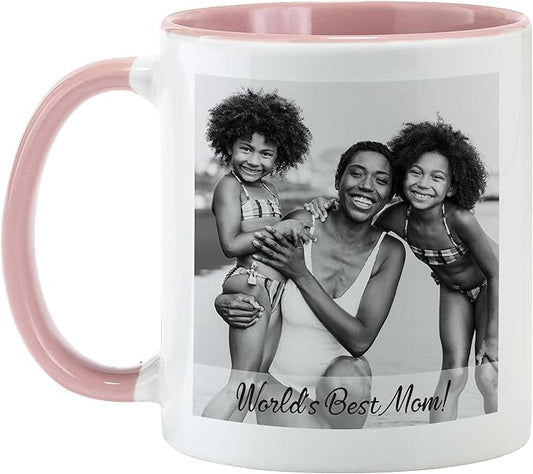 Let's Make Memories Personalized Photo Mug - Custom Coffee Mug - Your Photo & Text - For Any Occasion - Birthday - For Him - For Her - For Friend - Couples -11oz- Pink Handle