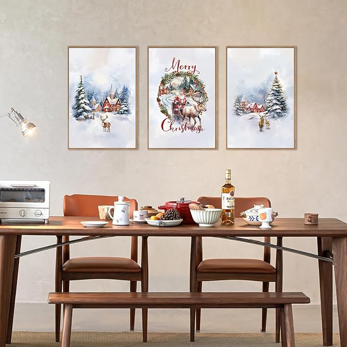 HPINUB Christmas Santa Reindeer Framed Canvas Wall Art Set Sleigh Deer Winter Snow Forest Tree Wall Decor Wonderland Art Print for Living Room,Bedroom,Party-16" x24"x3