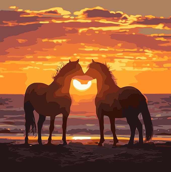 JYXSJYYD Paint by Numbers Kit for Adults Beginner,Sunset Beach Horse Paint by Number Kits Canvas Without Framed,DIY Acrylic Oil Painting Adults Paint by Numbers Kits for Home Wall Decor 16x16 Inch