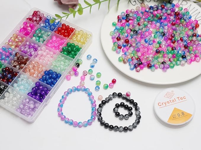 Pamir Tong 720PCS 8mm Crackle Glass Round Bulk, Bracelet Space Loose Smooth Beads for Jewelry Making Earring, Necklaces, and DIY Crafts,Keychains, Lanyards & Adult Crafting