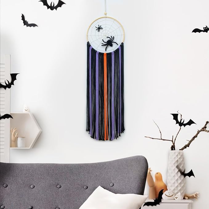LB Halloween Black Macrame Wall Hanging, Spooky Halloween Wall Art Boho Dream Catcher Orange and Purple Handmade Spider Web Woven Tapestry for Bedroom Living Room Nursery Office Backdrop, 10x32 Inch