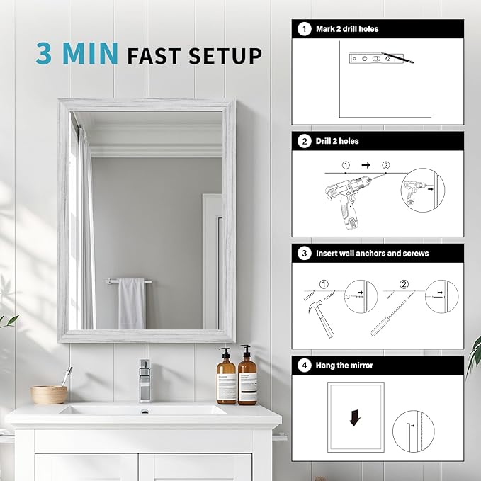 White Wood Effect Framed Wall Mirror, 24x36 Rectangle Mirror, Anti-desilvering Tempered Glass, Sustainable& Sturdy Frame, Anti-Rust, HD Reflection &3min Fast Setup for Bathroom Living Room