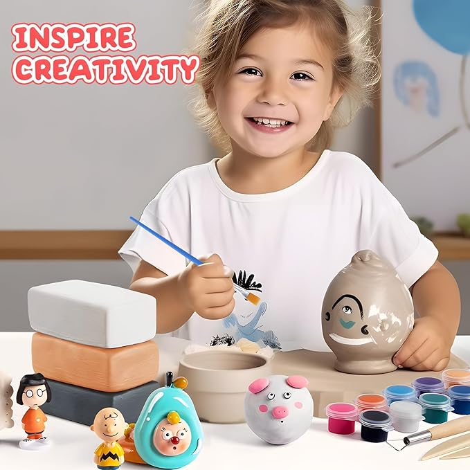 Skirfy Air Dry Clay Kit for Kids, 2.6lb Pottery Clay for Wheel & Hand Building, Includes 6 Paint Pots & Brush, White Gray Natural Colors, Arts & Crafts Supplies for Kids Ages 6+