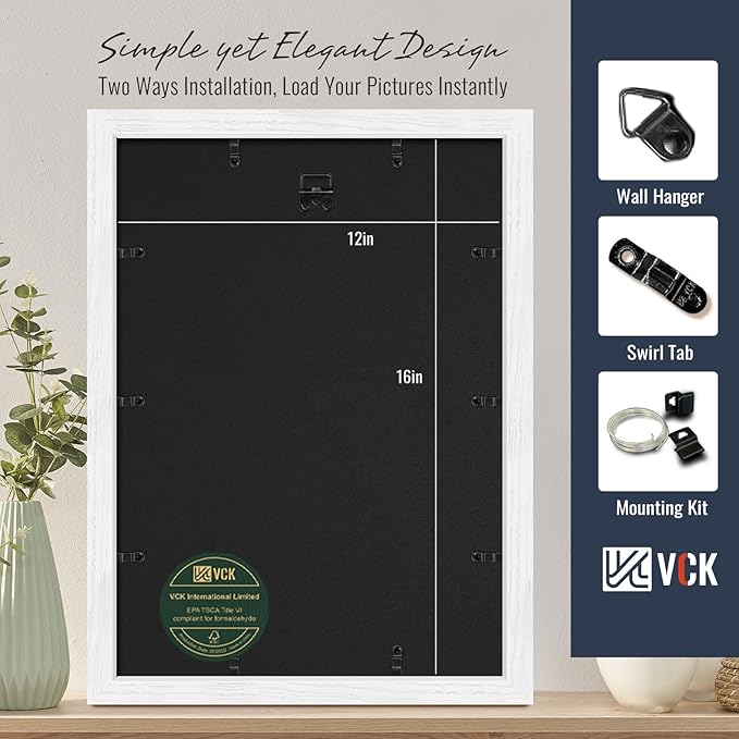 VCK 12x16 Picture Frames White Set of 5, Wide Border Wood, Tempered Glass, Display 8.5x11 Photo with Mat or 12 x 16 without, for Home, Office, Gallery, Woodgrain Series, Wall Hanging