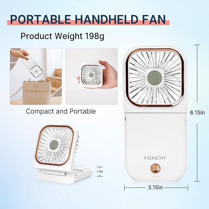 FADACHY Mini Fan Handheld Personal Fan Breeze Quiet Power Neck Fan Rechargeable, Outdoors, Hiking, Camping, white